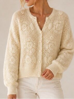 Ivory Boho Crochet Cardigan Cottagecore Floral Knit Sweater M